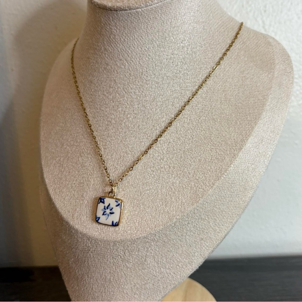 Handmade Gold/Blue Flower Necklace | Waterproof & Tarnish Resistant - Picture 4 of 5